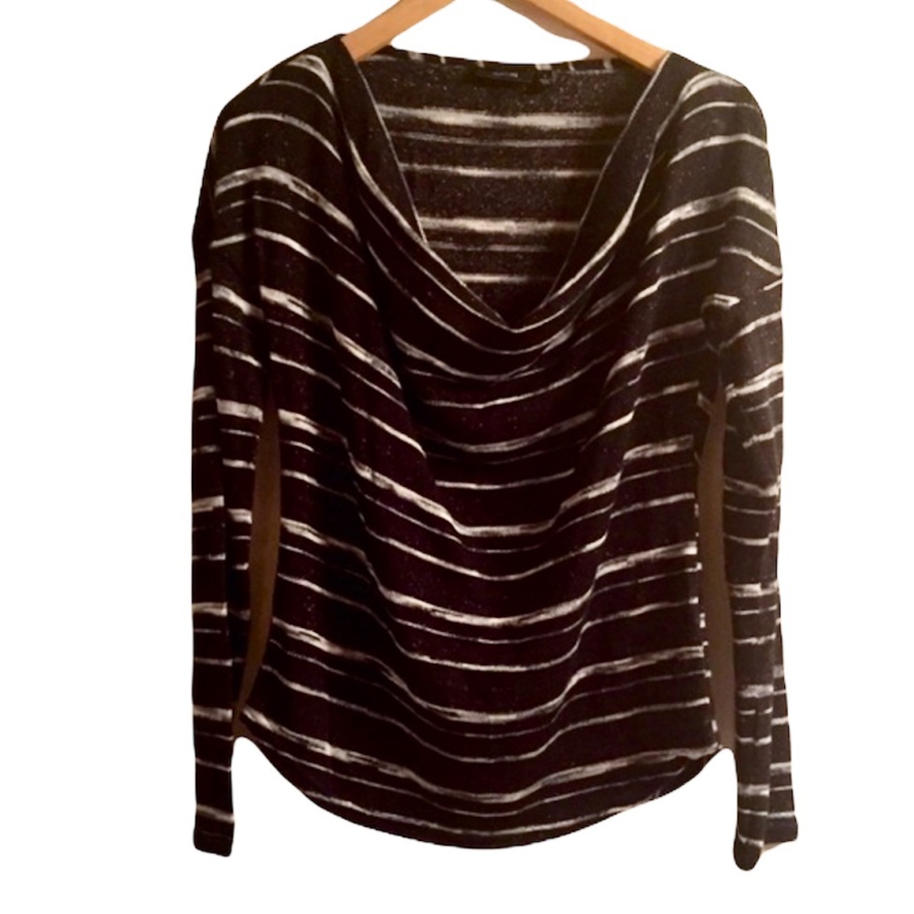 APT.9 Black Knit Cowl Striped Marl Sweater Top SMALL Stretch Pullover Casual $40